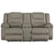 Polyester Upholstered Metal Reclining Loveseat with Lift Top Console Storage, Gray