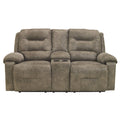 Polyester Upholstered Metal Reclining Loveseat with Storage Console and Cup Holders, Gray