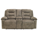 Polyester Upholstered Metal Reclining Loveseat with Storage Console and Cup Holders, Gray