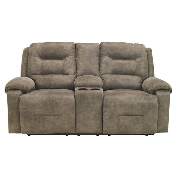 Polyester Upholstered Metal Reclining Loveseat with Storage Console and Cup Holders, Gray