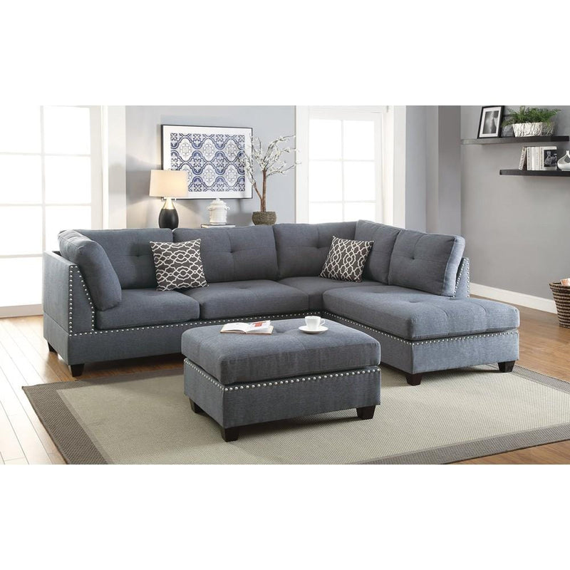 Polyfiber 3 Pieces Sectional Set With Nail head Trim In Blue Gray-Sectional Sofas-Blue Gray-Plywood Solid Pine Wood Fiber-JadeMoghul Inc.