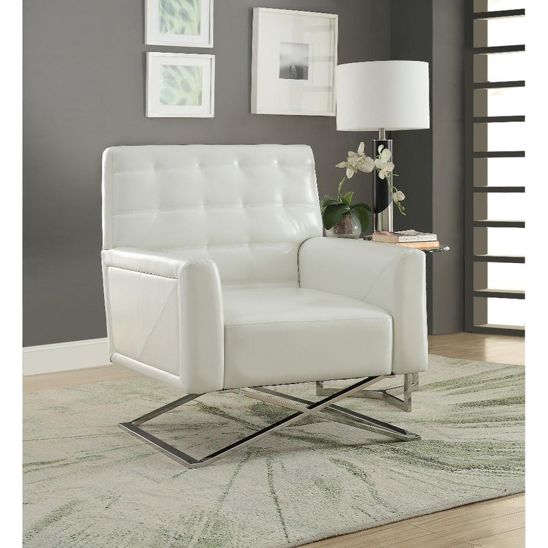 Polyurethane Upholstered Metal Accent Chair with Stationary Seat, White and Silver-Accent Chairs-White and Silver-Polyurethane and Metal-JadeMoghul Inc.