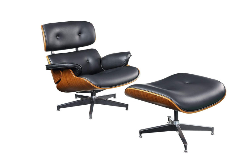 Poufs Pouf Ottoman - 34" X 34" X 33" Black Bonded Leather Walnut Wood Upholstered (Seat) Aluminum Base Chair & Ottoman HomeRoots