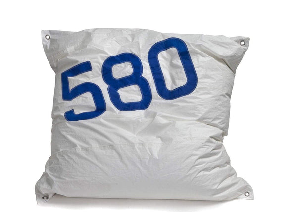 Poufs Pouf Ottoman - 52.36" X 53.94" X 12.60" White Recycled Sailcloth Maxi Pouf Blue 580 HomeRoots