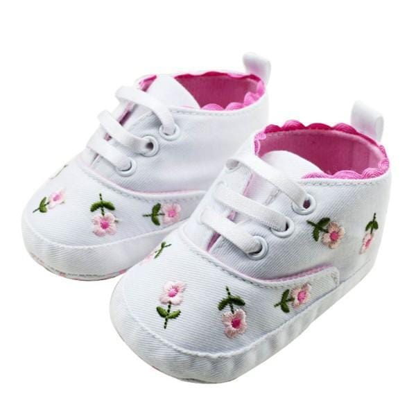 Prewalkers Baby Girl's White Embroidered Flower Soft Cotton Crib Shoes-Deep Purple-1-JadeMoghul Inc.