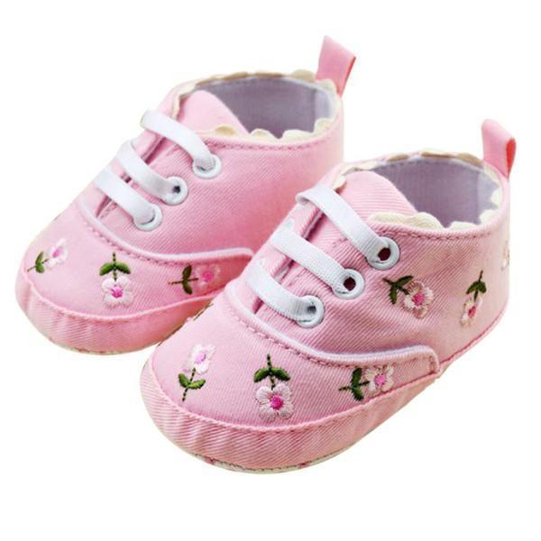 Prewalkers Baby Girl's White Embroidered Flower Soft Cotton Crib Shoes-Pink-1-JadeMoghul Inc.