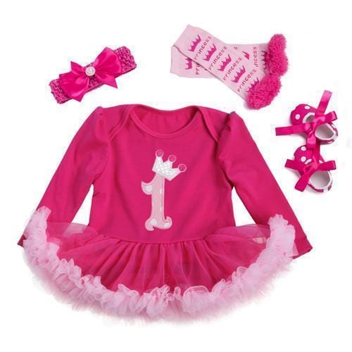 Princess Baby Girls 4pcs Sets Long Sleeve Cotton Rromper Rose Red Ruffle TUTU Dress Baby Clothing Vestidos 1 Birthday Dress-1F2026-3M-JadeMoghul Inc.