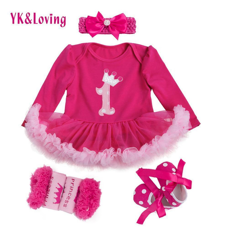 Princess Baby Girls 4pcs Sets Long Sleeve Cotton Rromper Rose Red Ruffle TUTU Dress Baby Clothing Vestidos 1 Birthday Dress-1F2026-3M-JadeMoghul Inc.