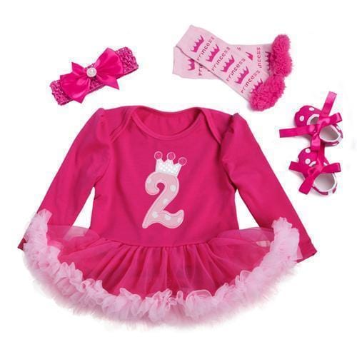 Princess Baby Girls 4pcs Sets Long Sleeve Cotton Rromper Rose Red Ruffle TUTU Dress Baby Clothing Vestidos 1 Birthday Dress-72F2026-3M-JadeMoghul Inc.