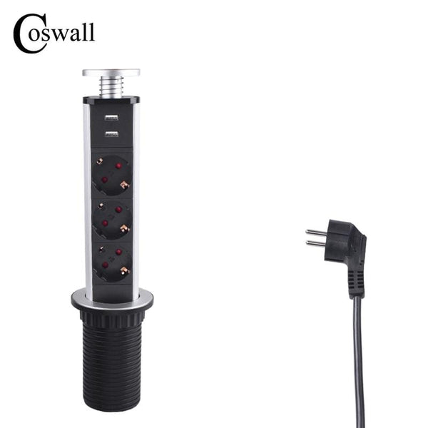 COSWALL 16A PULL POP UP 3 Power Socket 2 USB Charging Port Kitchen Table Desktop Sockets Retractable Countertops Worktop EU Plug