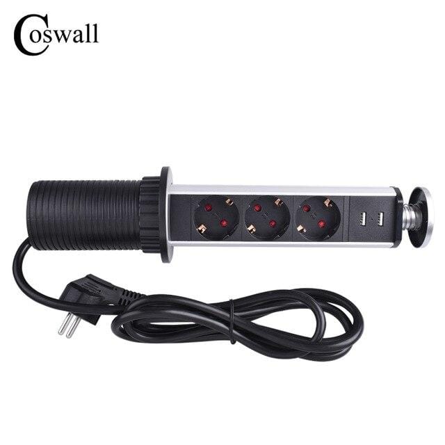 COSWALL 16A PULL POP UP 3 Power Socket 2 USB Charging Port Kitchen Table Desktop Sockets Retractable Countertops Worktop EU Plug