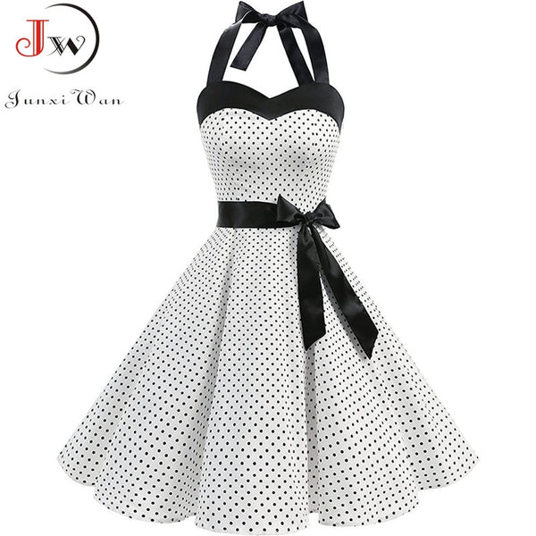 Women Polka Dot Print Summer Dress Sexy Retro White Halter Vintage Dress Plus Size Robe Femme Pin Up Rockabilly Party Dress