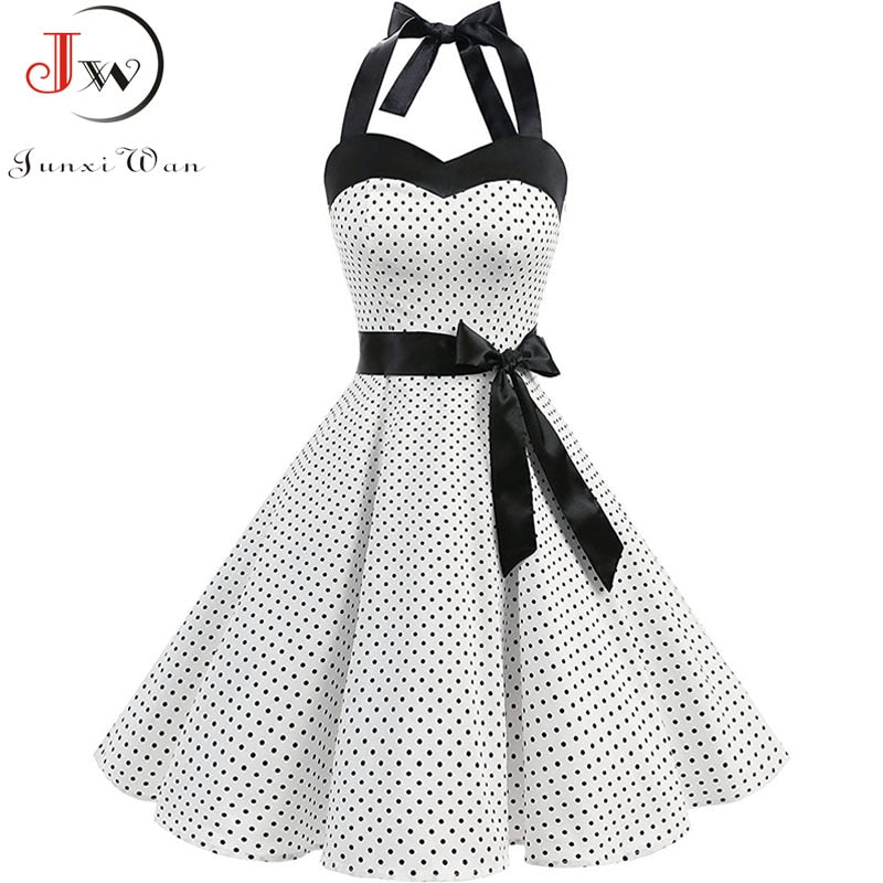 Women Polka Dot Print Summer Dress Sexy Retro White Halter Vintage Dress Plus Size Robe Femme Pin Up Rockabilly Party Dress