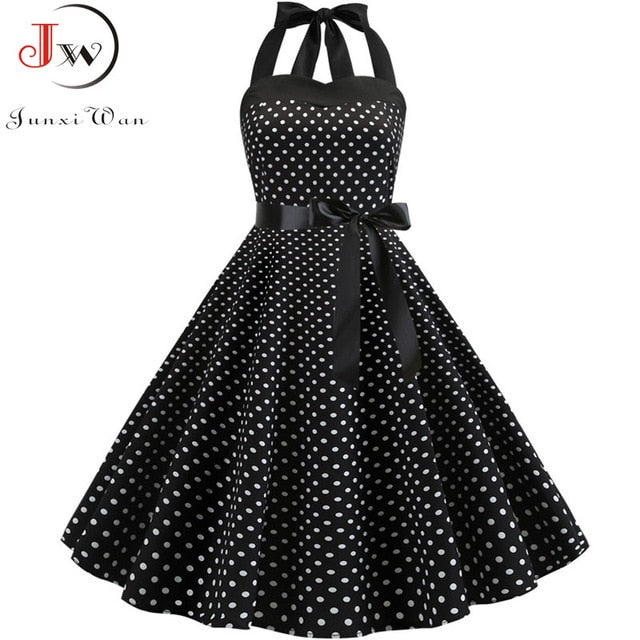 Women Polka Dot Print Summer Dress Sexy Retro White Halter Vintage Dress Plus Size Robe Femme Pin Up Rockabilly Party Dress