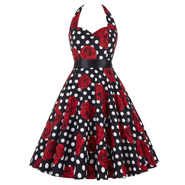 Women Polka Dot Print Summer Dress Sexy Retro White Halter Vintage Dress Plus Size Robe Femme Pin Up Rockabilly Party Dress