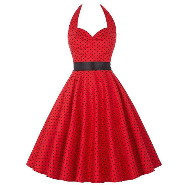 Women Polka Dot Print Summer Dress Sexy Retro White Halter Vintage Dress Plus Size Robe Femme Pin Up Rockabilly Party Dress