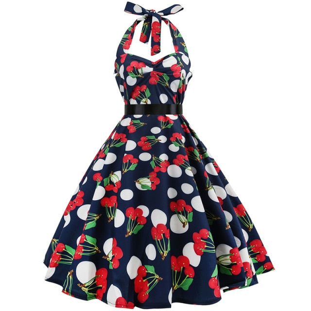 Women Polka Dot Print Summer Dress Sexy Retro White Halter Vintage Dress Plus Size Robe Femme Pin Up Rockabilly Party Dress