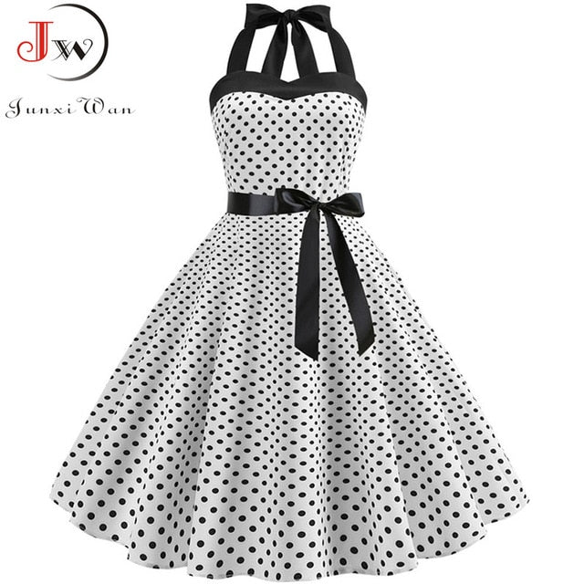 Women Polka Dot Print Summer Dress Sexy Retro White Halter Vintage Dress Plus Size Robe Femme Pin Up Rockabilly Party Dress