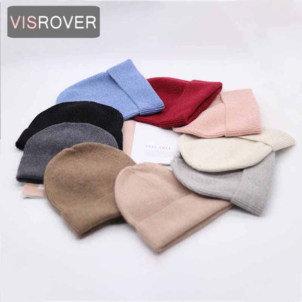 VISROVER  9 colorways new Autumn winter solid color real cashmere beanies for woman cashmere unisex Warm knitted hat wholesales
