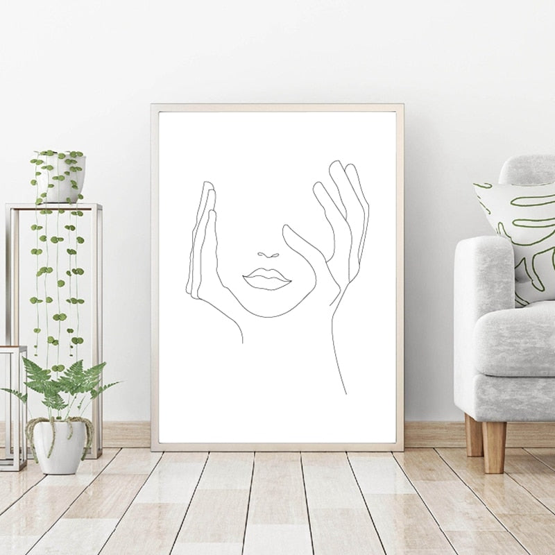 Hands On Face Lips Wall Art Canvas Posters Prints Sketch Art Line Drawing Painting Minimalist Woman Wall Picture Home Decoration