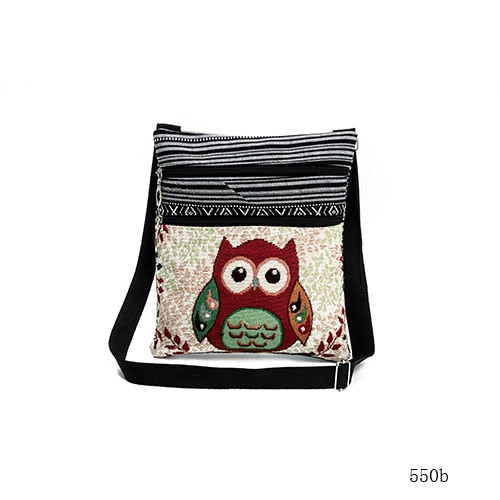 Miyahouse cute lady shoulder bag owl print messenger flap bag female mini canvas ladies bag double zipper ladies messenger bag
