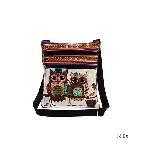 Miyahouse cute lady shoulder bag owl print messenger flap bag female mini canvas ladies bag double zipper ladies messenger bag