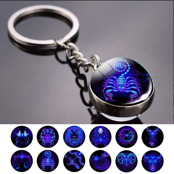 12 Constellation Keychain Fashion Double Side Cabochon Glass Ball Keychain Zodiac Signs Jewelry For Men For Women Birthday Gift