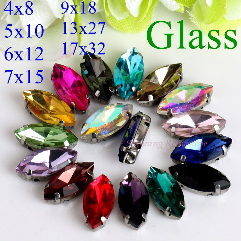 Horse Eye / Leaf Shape Glass Rhinestones With Claw Sew On Crystal Stone Strass Diamond Metal Base Buckle For Clothes