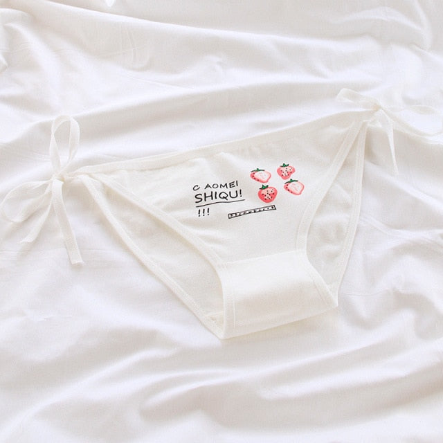 Lolita Pink Printing Strawberry Pattern Women's Underwear Cotton Lacing Up Sexy Panties Students Sweet Briefs Lingerie Cosplay