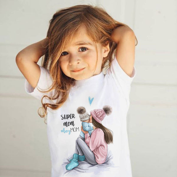 ZZSYKD Summer Super Mom Baby Girl Tshirt Vogue Boys T Shirts Mother And Baby Love Life Lovely Printing Kawaii Kids T Shirt Cozy