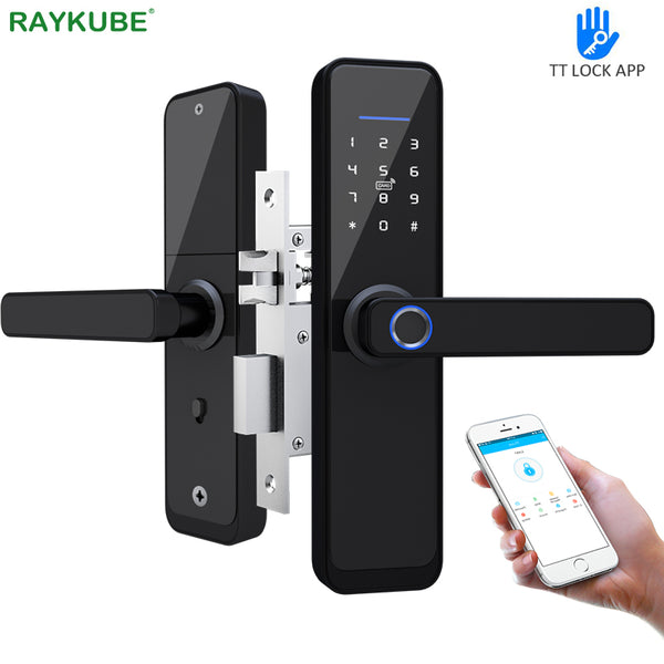 RAYKUBE Fingerprint Door Lock WiFi Bluetooth TT Lock APP Electronic Lock Digital 13.56mhz Card Tags Hotel Lock Dual Latch X2