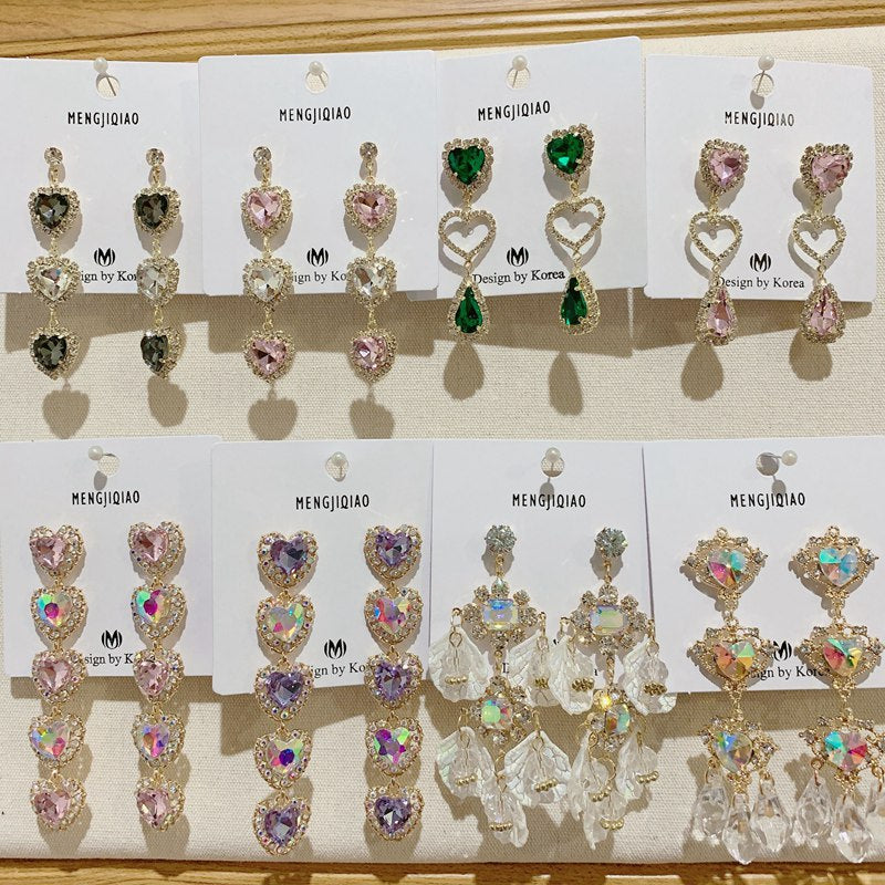 MENGJIQIAO New Korean Shiny Heart Crystal Drop Earrings For Women Fashion Shell Rhinestone Boucle D'oreille Party Jeweley Gift