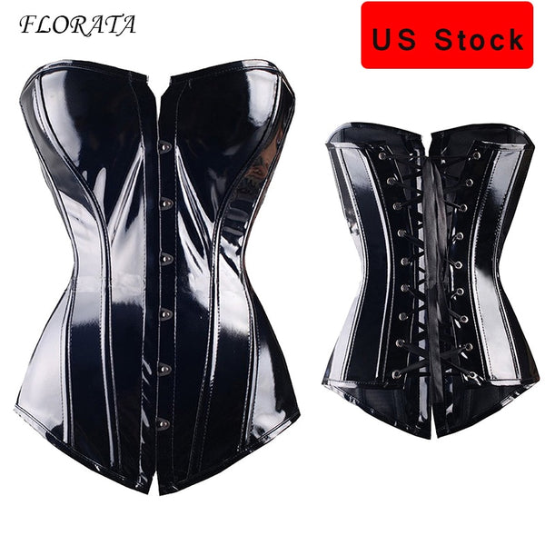 FLORATA Sexy women PVC Overbust Corset Steampunk Lingerie Top-Goth Corset Sexy Leather Waist Trainer