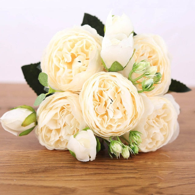 30cm Rose Pink Silk Bouquet Peony Artificial Flowers 5 Big Heads 4 Small Bud Bride Wedding Home Decoration Fake Flowers Faux