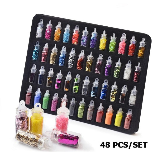 48 Bottles/Set Nail Art Sequins Glitter Powder Manicure Decoral Tips Polish Nail Stickers Mixed Design Case Set