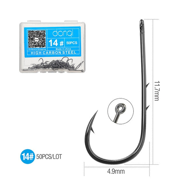 DONQL 50pcs Barbed Fishing Hooks Sea Worm Carp Single Circle Hook Set Fly Fishing Accessories Tackle Carbon Steel Fishhook