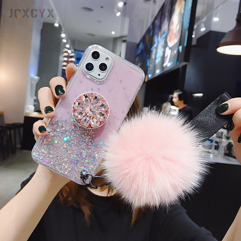 3D Diamond  Glitter Holder With Fur Pom Pom Phone Case For iphone X XR XS 11 Pro Max 6 7 8 plus For Samsung S8 S9 S10 Note A50