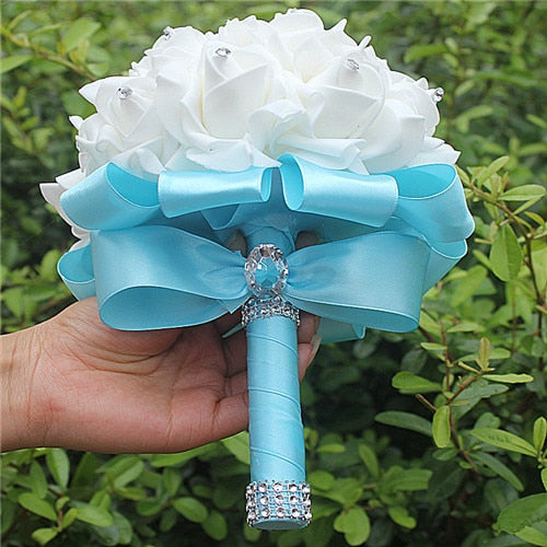 IN STOCK Cheapest PE Rose Bridesmaid Wedding Foam flowers Rose Bridal bouquet Ribbon Fake Wedding bouquet de noiva 14 Color