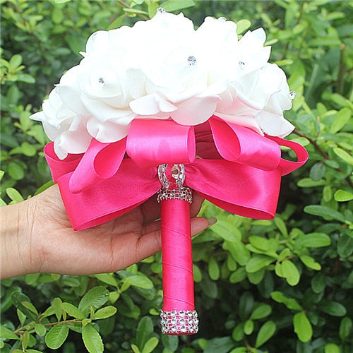 IN STOCK Cheapest PE Rose Bridesmaid Wedding Foam flowers Rose Bridal bouquet Ribbon Fake Wedding bouquet de noiva 14 Color