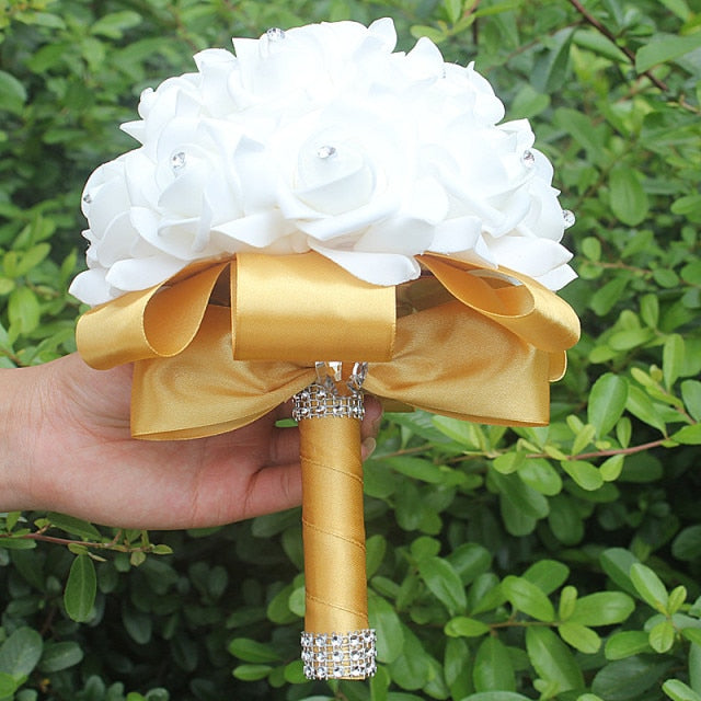 IN STOCK Cheapest PE Rose Bridesmaid Wedding Foam flowers Rose Bridal bouquet Ribbon Fake Wedding bouquet de noiva 14 Color