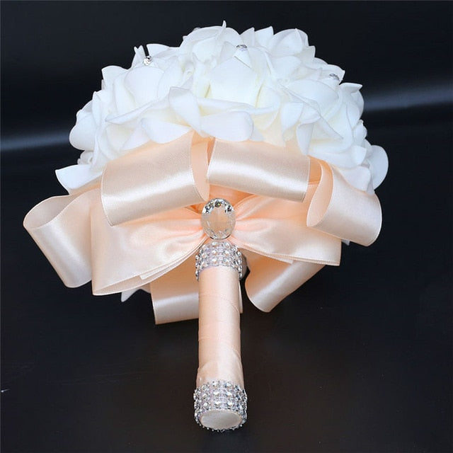 IN STOCK Cheapest PE Rose Bridesmaid Wedding Foam flowers Rose Bridal bouquet Ribbon Fake Wedding bouquet de noiva 14 Color
