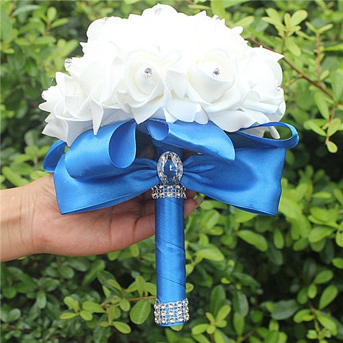 IN STOCK Cheapest PE Rose Bridesmaid Wedding Foam flowers Rose Bridal bouquet Ribbon Fake Wedding bouquet de noiva 14 Color