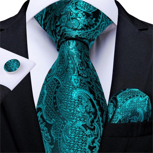 Men Teal Green Paisley / Striped Novelty Design Silk Tie