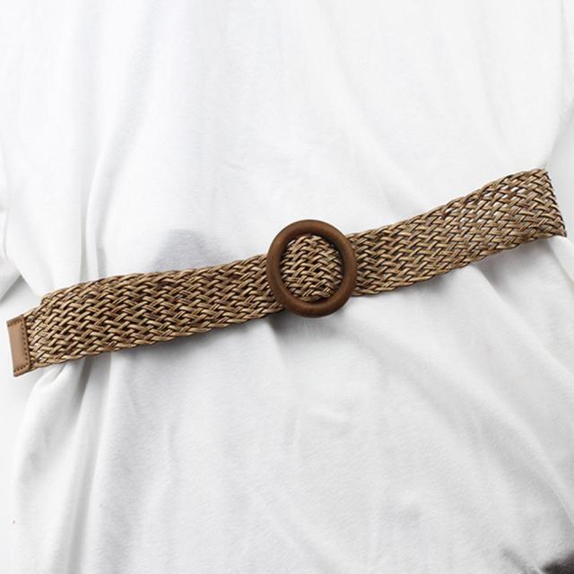 Vintage Boho Braided Waist Belt Summer Solid Female Belt Round Wooden Smooth Buckle Fake Straw Wide Belts For Women Hot Sale