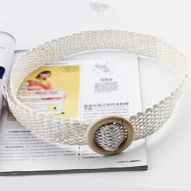 Vintage Boho Braided Waist Belt Summer Solid Female Belt Round Wooden Smooth Buckle Fake Straw Wide Belts For Women Hot Sale