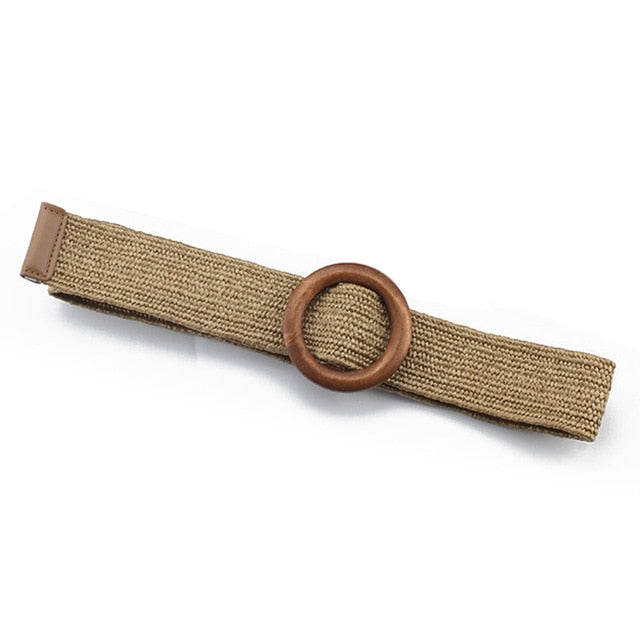 Vintage Boho Braided Waist Belt Summer Solid Female Belt Round Wooden Smooth Buckle Fake Straw Wide Belts For Women Hot Sale