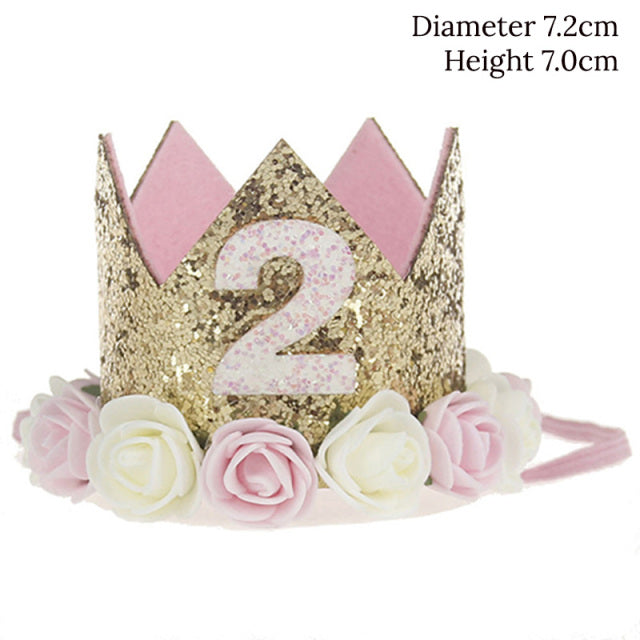 WEIGAO 1pcs 1 2 3 Birthday Caps Flower Crown 1st Birthday Hat Newborn Baby Birthday Headband 1 Year Birthday Party Decorations