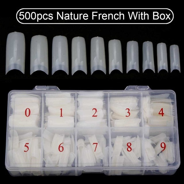 500pcs/Box Artificial Nail Tips Full Cover Nails Colored Nail Tips Acrylic Transparent Nail Capsules French Manicure False Nails