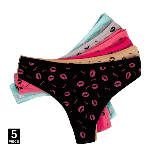 5 Pcs/set Sexy Thong for Women Girls Cotton G-Strings Ladies Panties Lip Print Kawaii Cute Dot Underwear Wholesale Free shipping