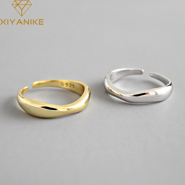 XIYANIKE 925 Sterling Silver Irregular Wave Rings Trendy Simple Geometric Handmade Jewelry for Women Couple Size 17mm Adjustable